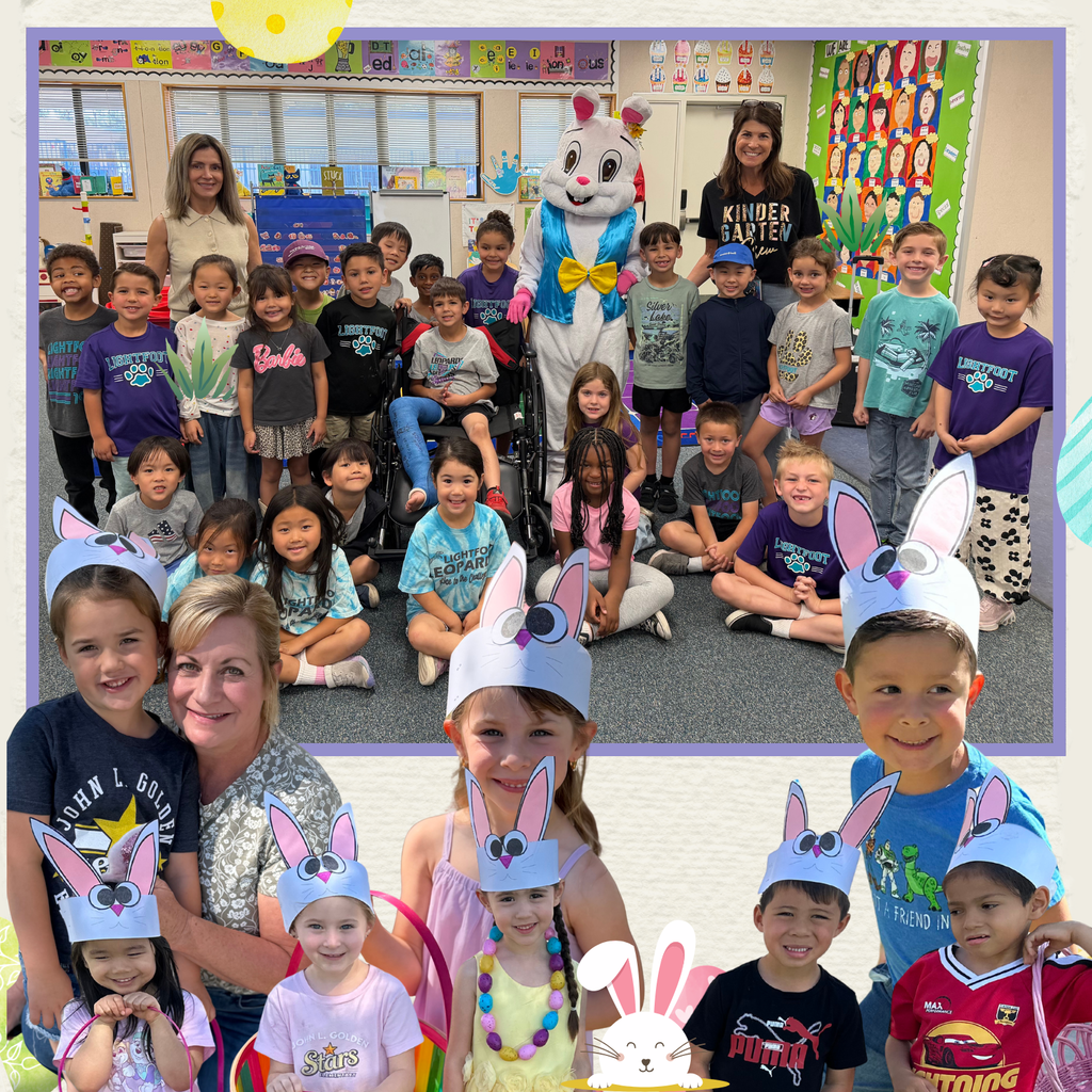 No text: Images of students smiling, holding baskets and even a bunny