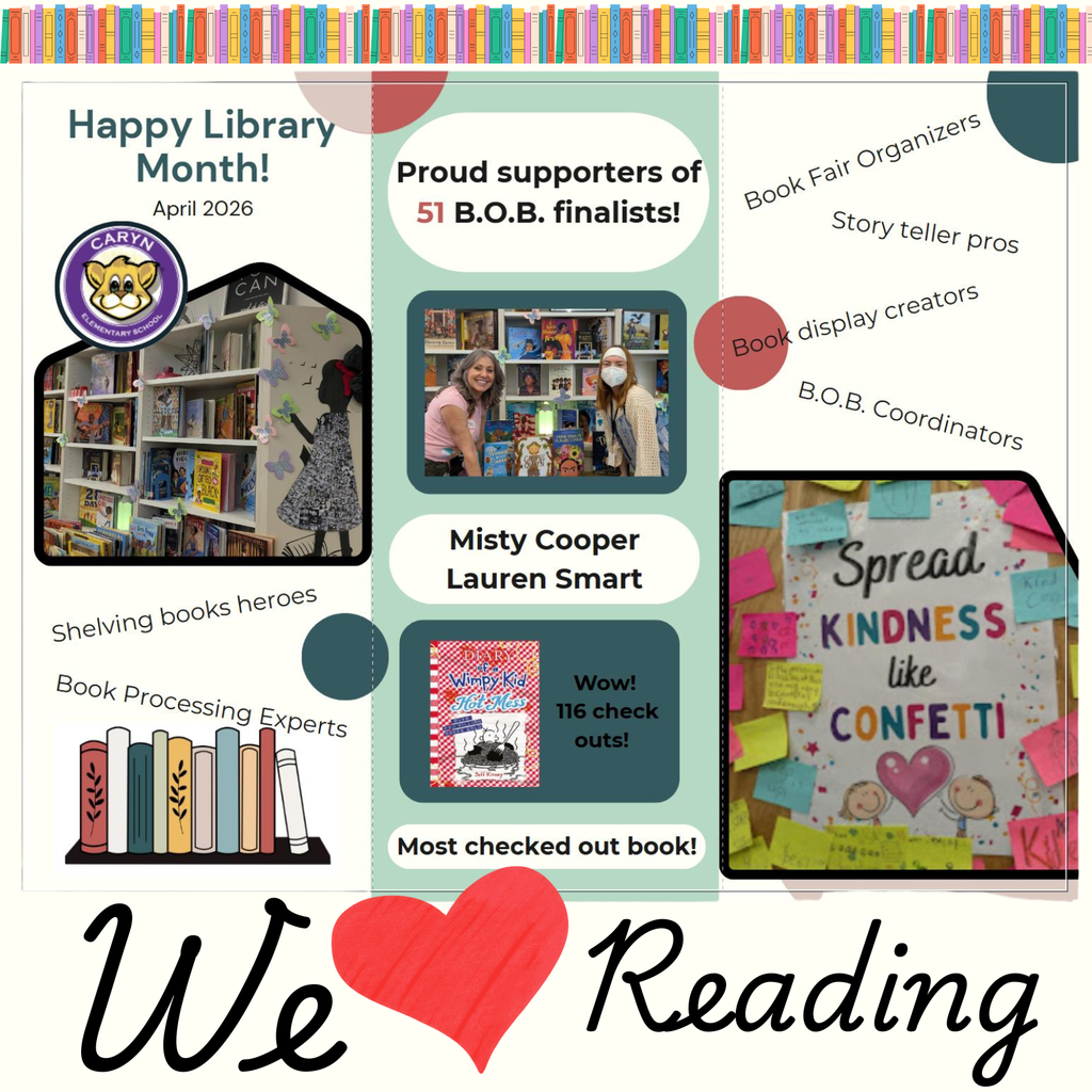 Text: Happy Library Month, April, Images of students and adults reading