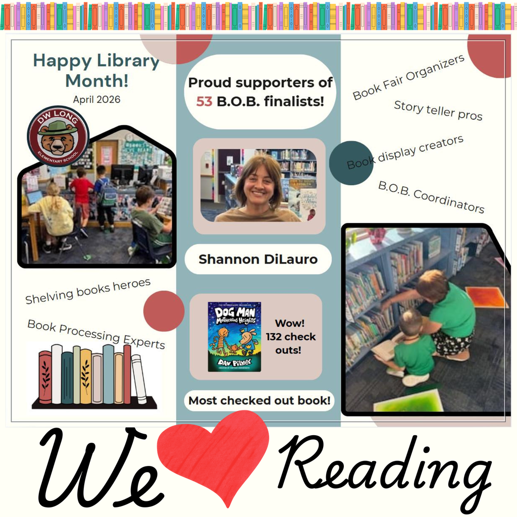 Text: Happy Library Month, April, Images of students and adults reading