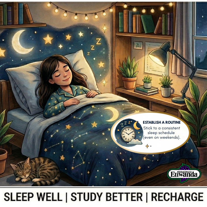 Text: Sleep Well, study better, recharge. image:sleeping student in a bed with stars