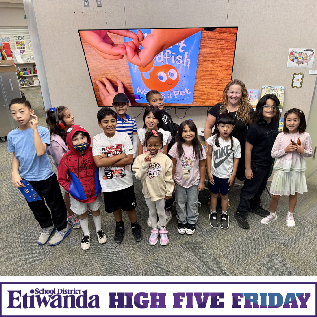 Text: Etiwanda School District, High Five Friday Image: smiling students in a library