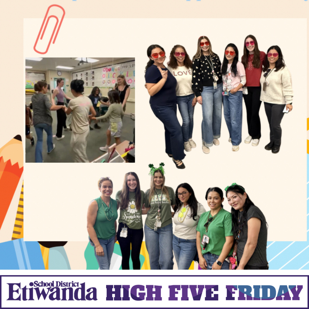 Text: Etiwanda School District, High Five Friday Images: two groups of six women smiling
