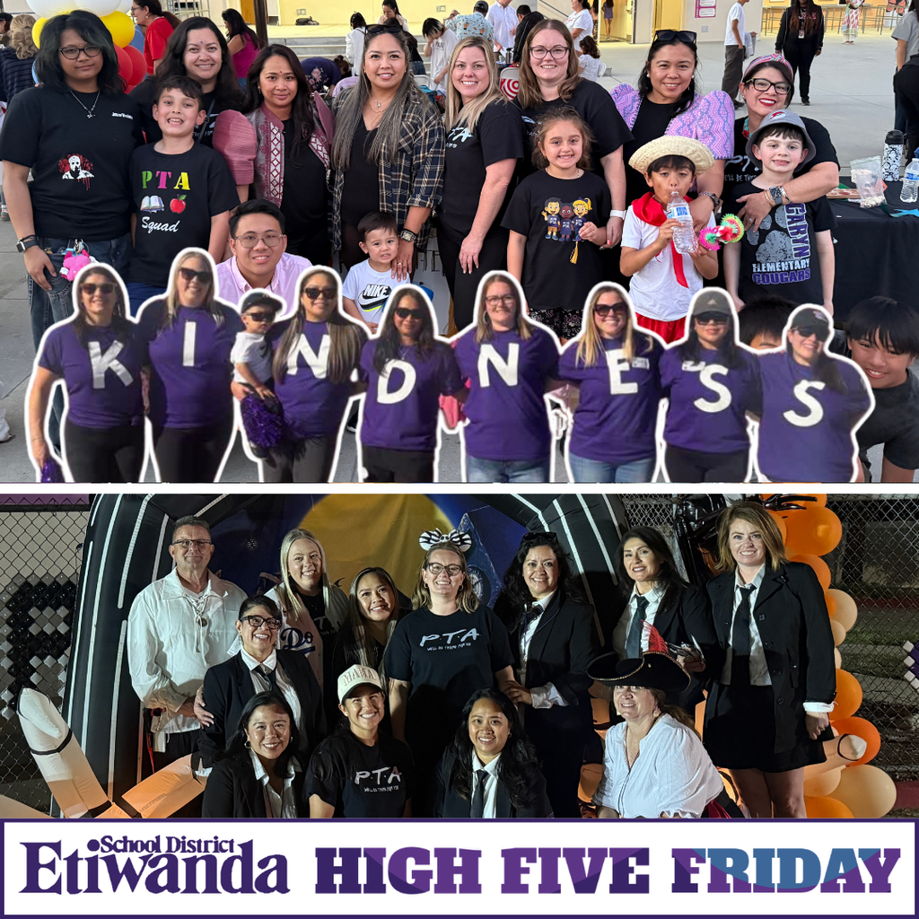 Text: Etiwanda School District, High Five Friday Image: adults wearing purple shirts that say Kindness, adults posing in different costumes, and adults posing with students