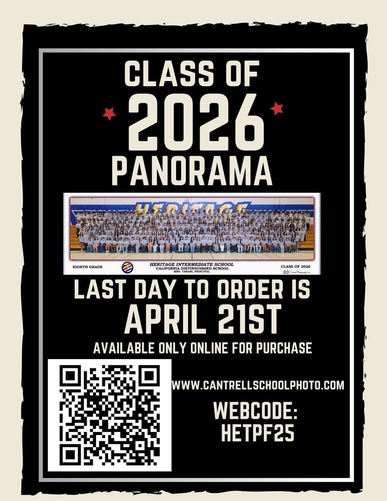 Flyer for Heritage Intermediate School Class of 2026 panorama photo. Text says Class of 2026 Panorama, Last Day to Order Is April 21st, Available Only Online for Purchase
