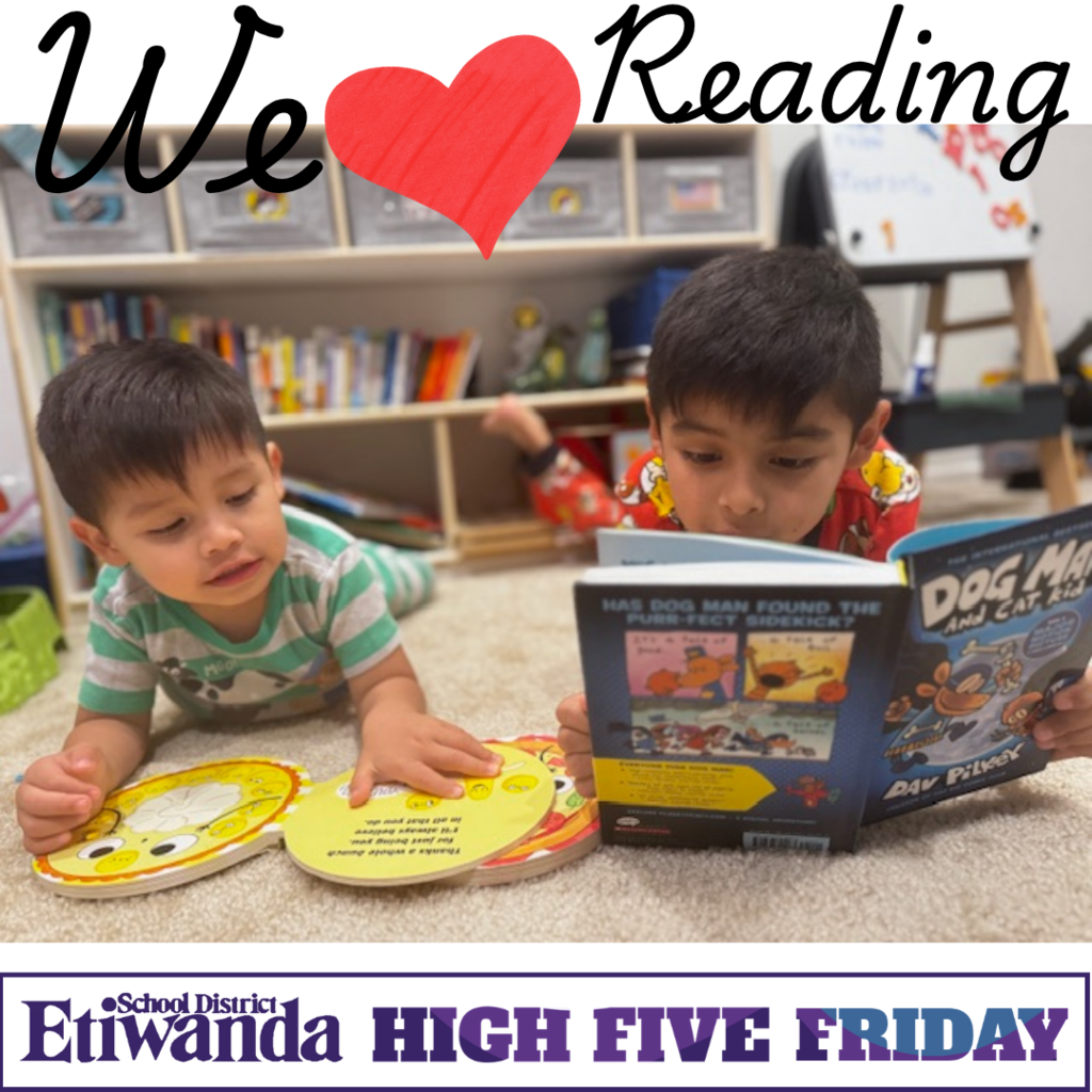 Text: We love reading, etiwanda school district high Five friday Image: two boys laying on the ground reading