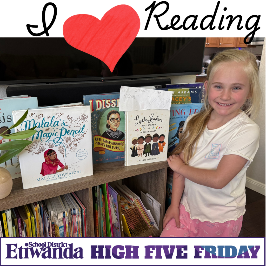 Text: i love reading, Etiwanda school district high five fridday Image: smiling student with books