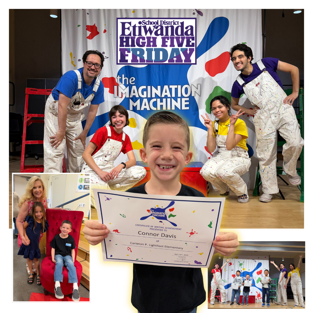 Text: Etiwanda School District, High Five Friday Images: student smiling holding a certificate, actors on stage, smiling grandparent