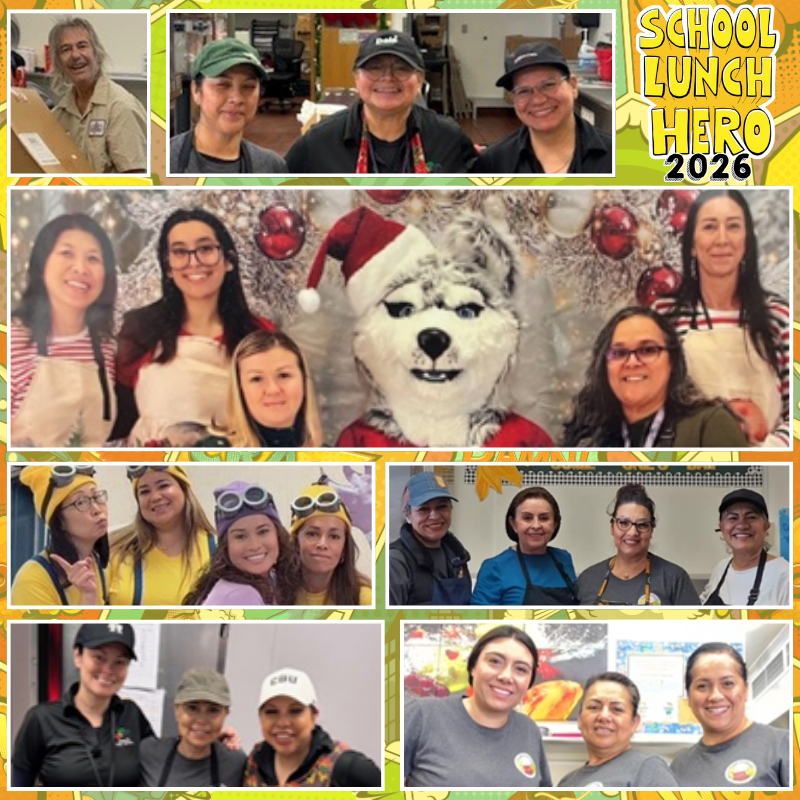 Text: School lunch Hero -Images: our school kitchen employees smiling