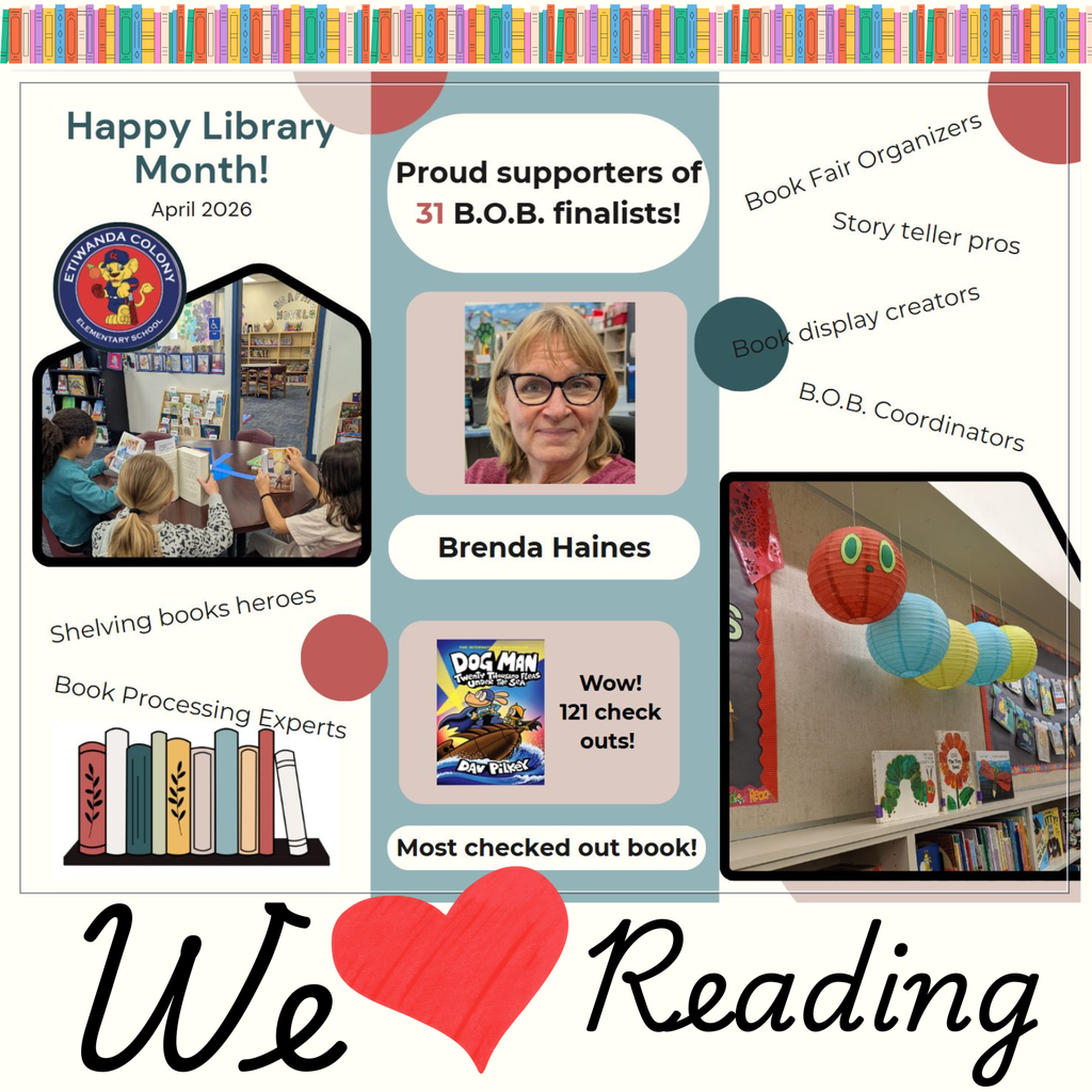 Text: We love reading, images of library and librarian