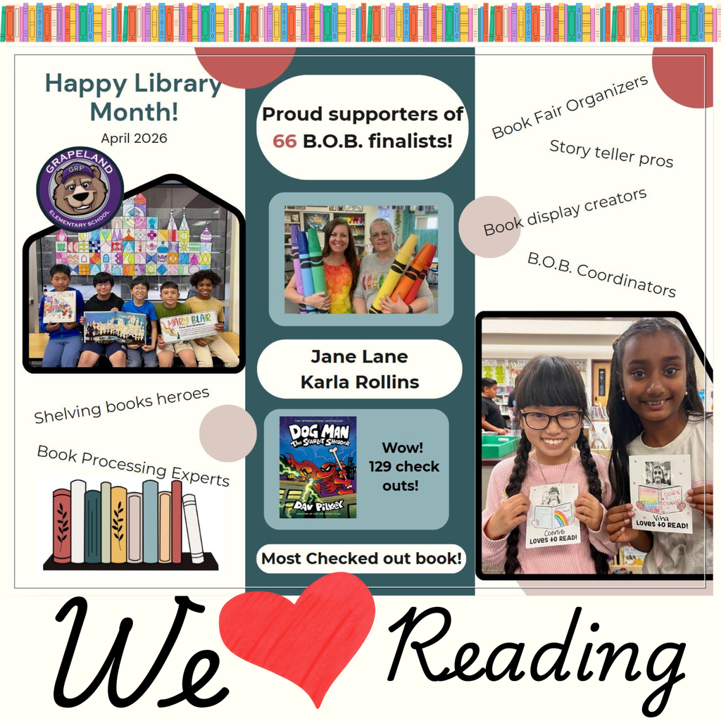 Text: we love reading Images: students and adults reading and holding certificates