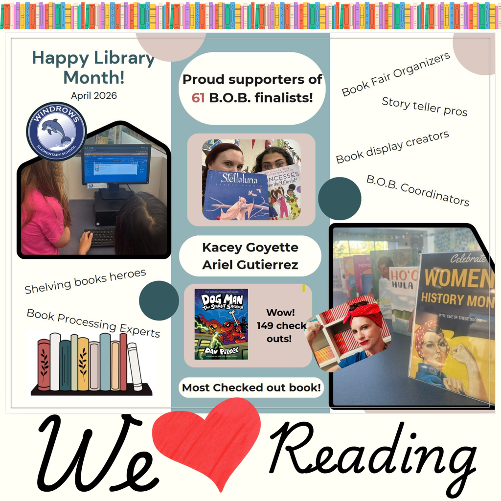 Text: we love reading Images: students and adults reading 