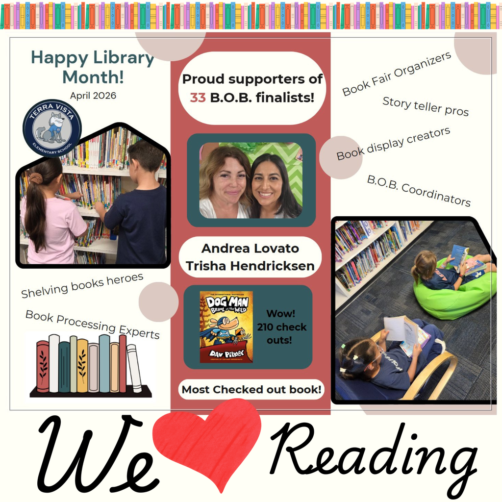 Text: we love reading Images: students and adults reading