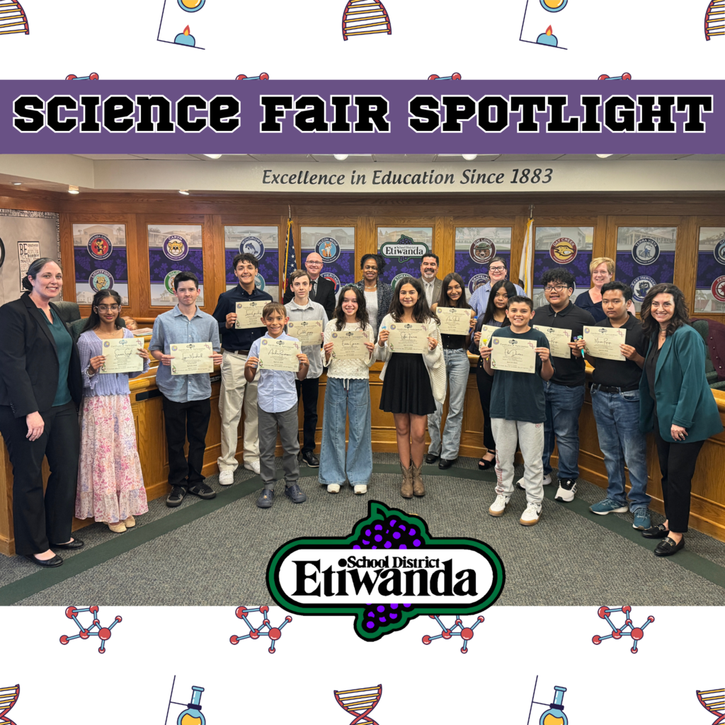 text: science fair spotlight Image: smiling students with certificates in a board room