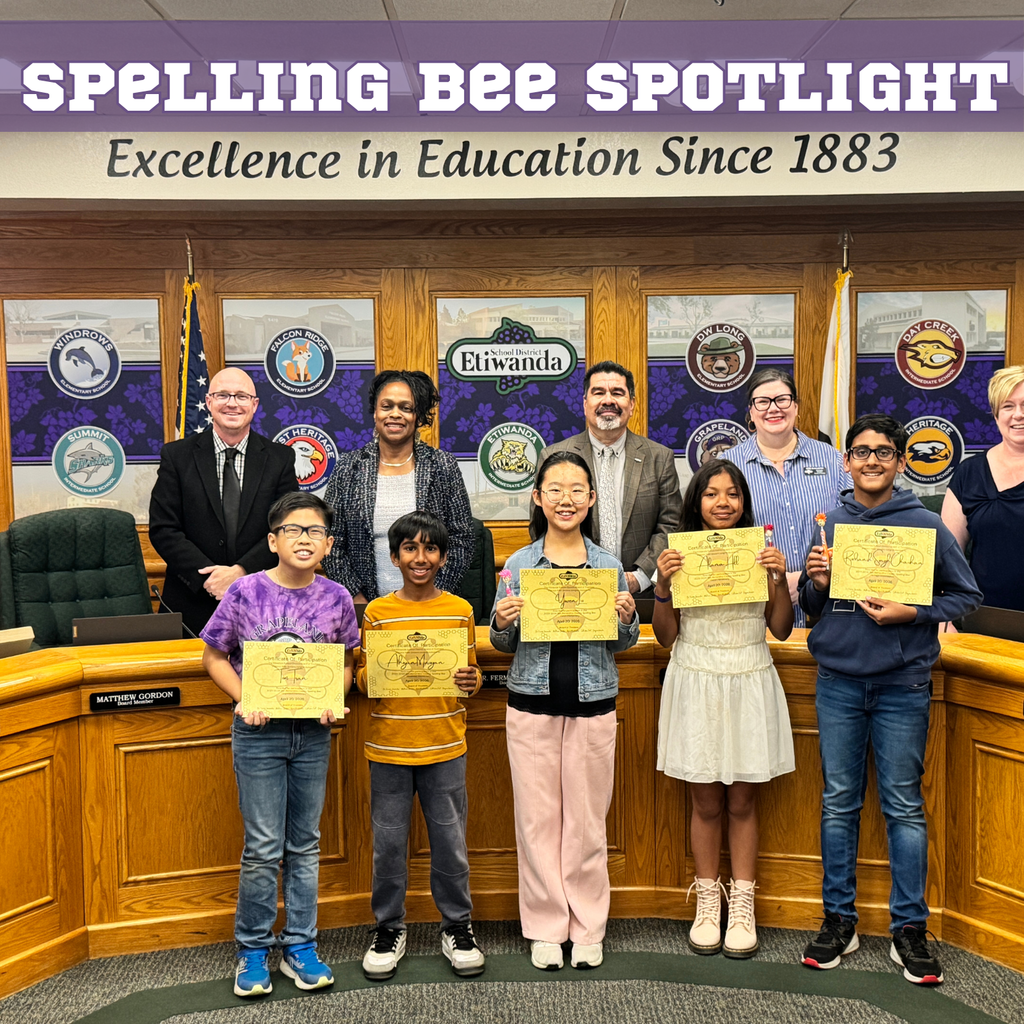 Text: spelling Bee spotlight Image: smiling students holding certificates in a boardroom