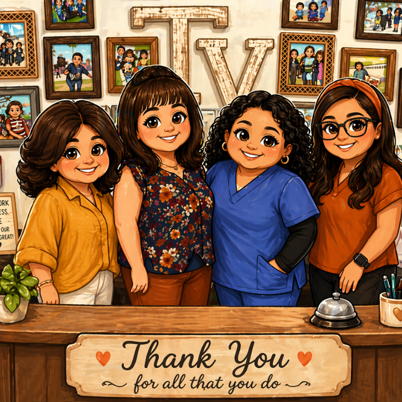 Text: Thank you for all that you do Image: cartoon image of four women