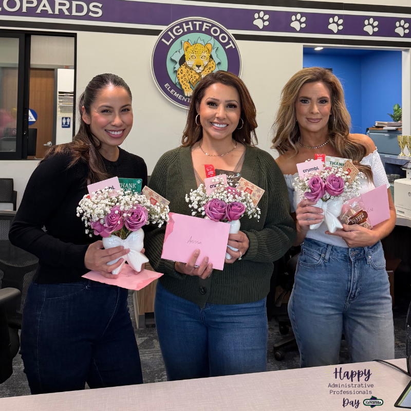 Text: Happy Administrative Professionals Day 2024 - Etiwanda Logo three women smiling in a office