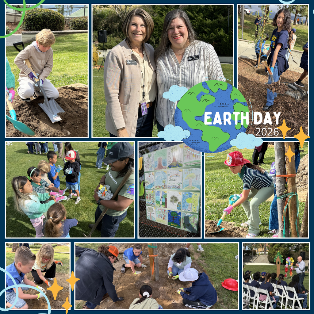 Text: Earth Day 2026 Images: students and adults planting trees