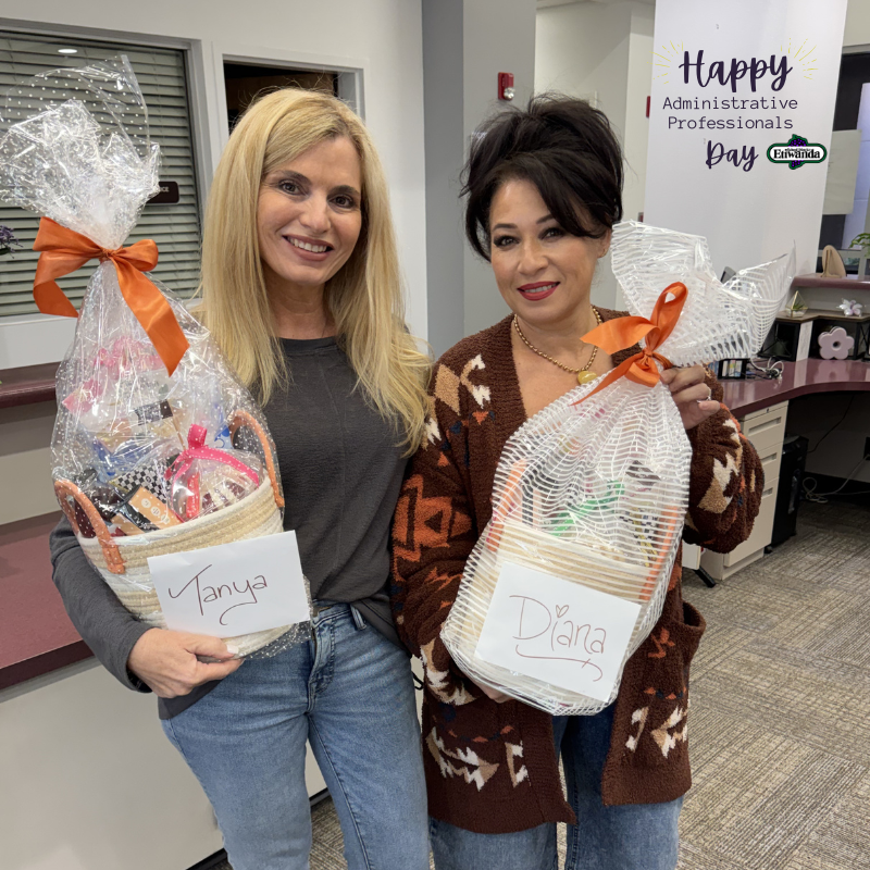 Text: Happy Administrative Professionals Day 2024 - Etiwanda Logo Image: two females smiling and holding baskets