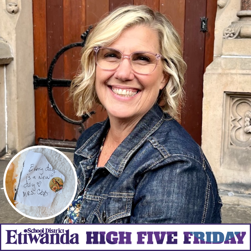 Text: Etiwanda School District, High Five Friday, Every day is a new day, Mrs. Cobb. Image: smiling woman. 