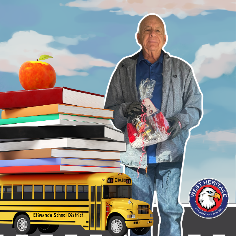 Text: West Heritage, Etiwanda School District, image man with a bus