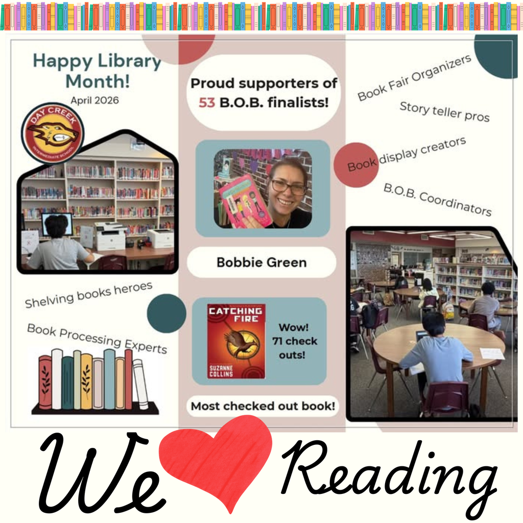 Text: Happy Library Month, April, Images of students and adults reading