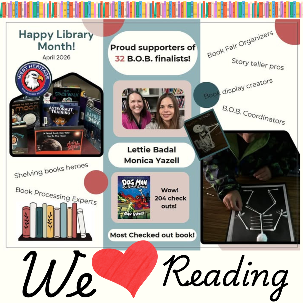 Text: Happy Library Month, April, Images of students and adults reading