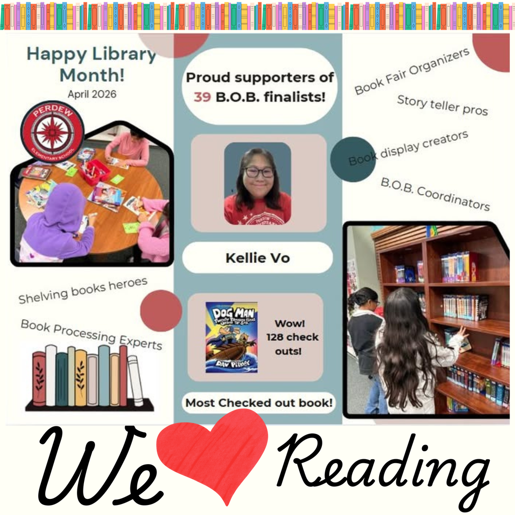 Text: Happy Library Month, April, Images of students and adults reading