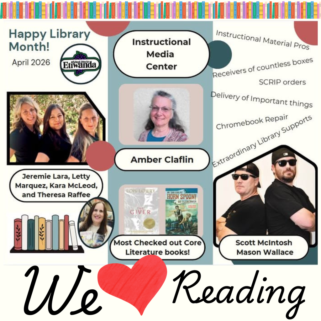 Text: Happy Library Month, April, Images of students and adults reading