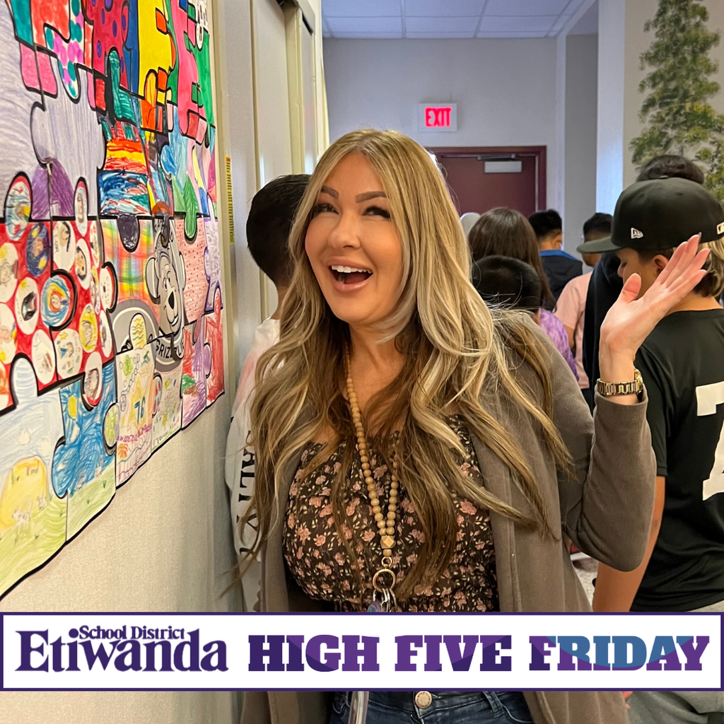 Text: High Five Friday, Etiwanda School District Image: smiling female