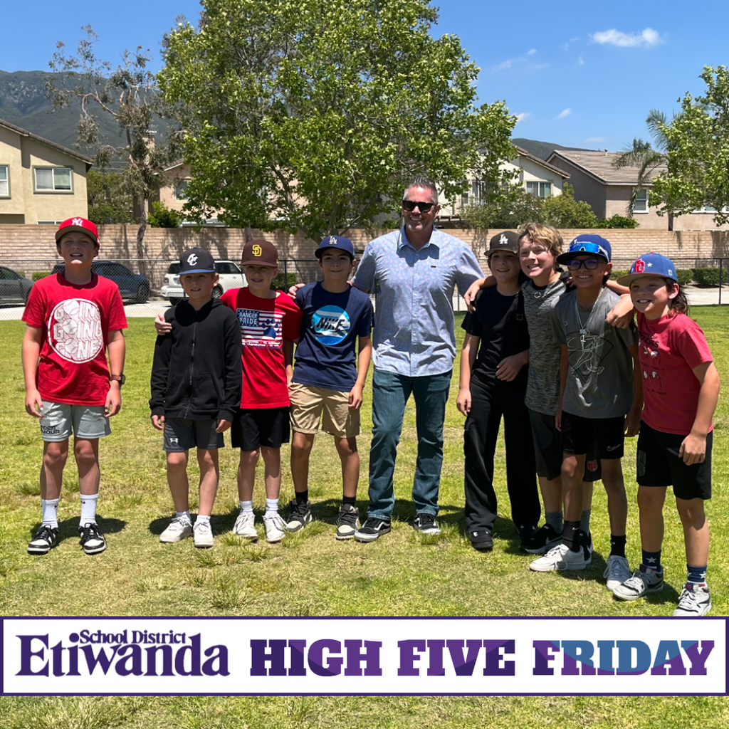 Text: Etiwanda School District, High Five Friday Image: an adult male smiling with students
