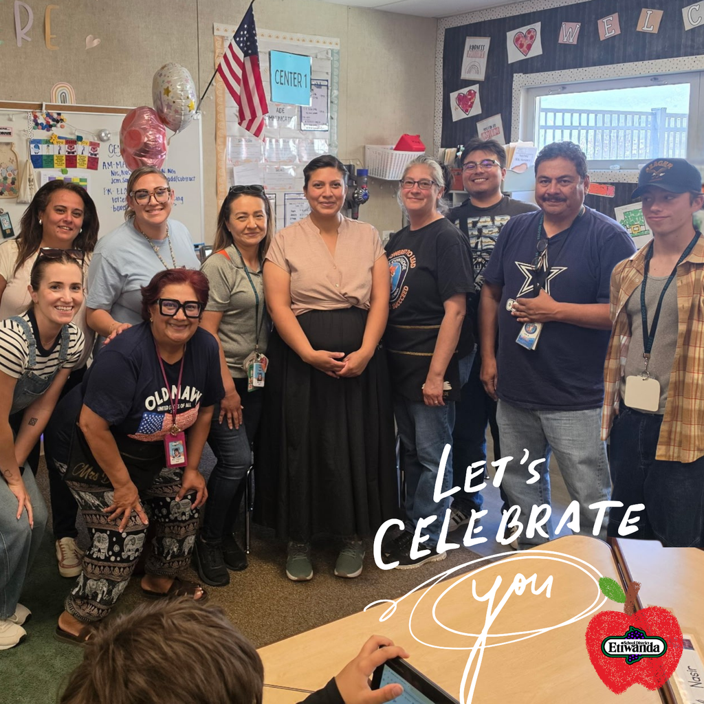 Text: Let's celebrate you! Apple with an Etiwanda logo. Image: smiling 10 people
