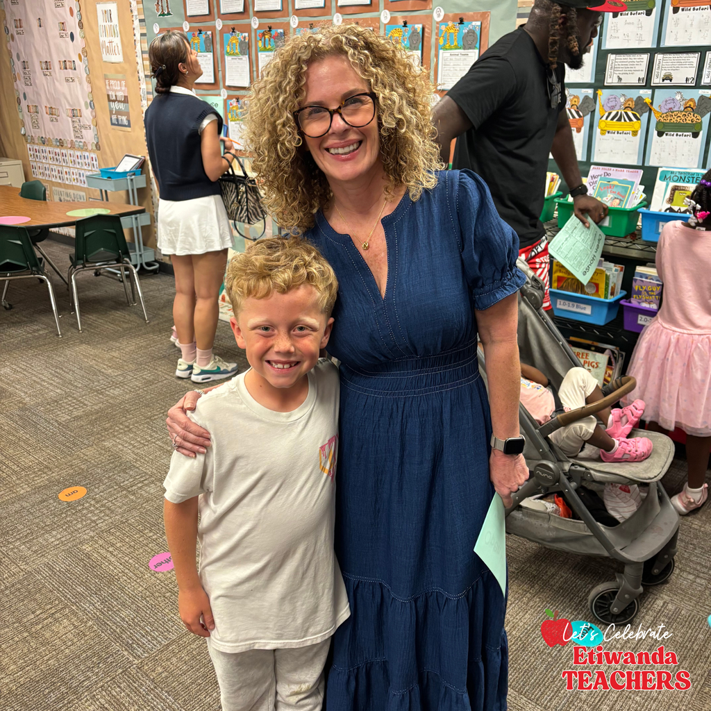 Text: Let's celebrate Etiwanda TEachers Image: smiling woman in blue with student