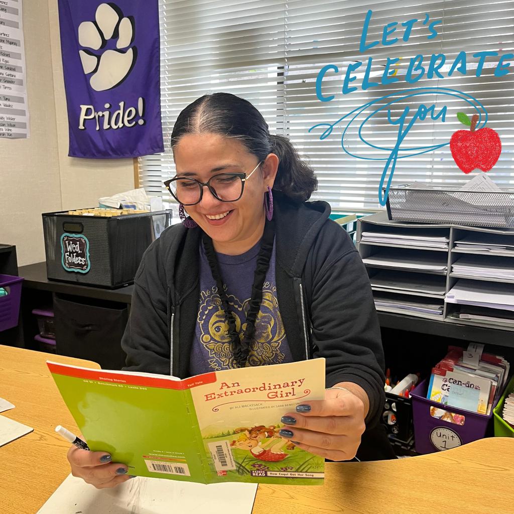 Text: Let's Celebrate you, apple, Image of a smiling woman reading a book 