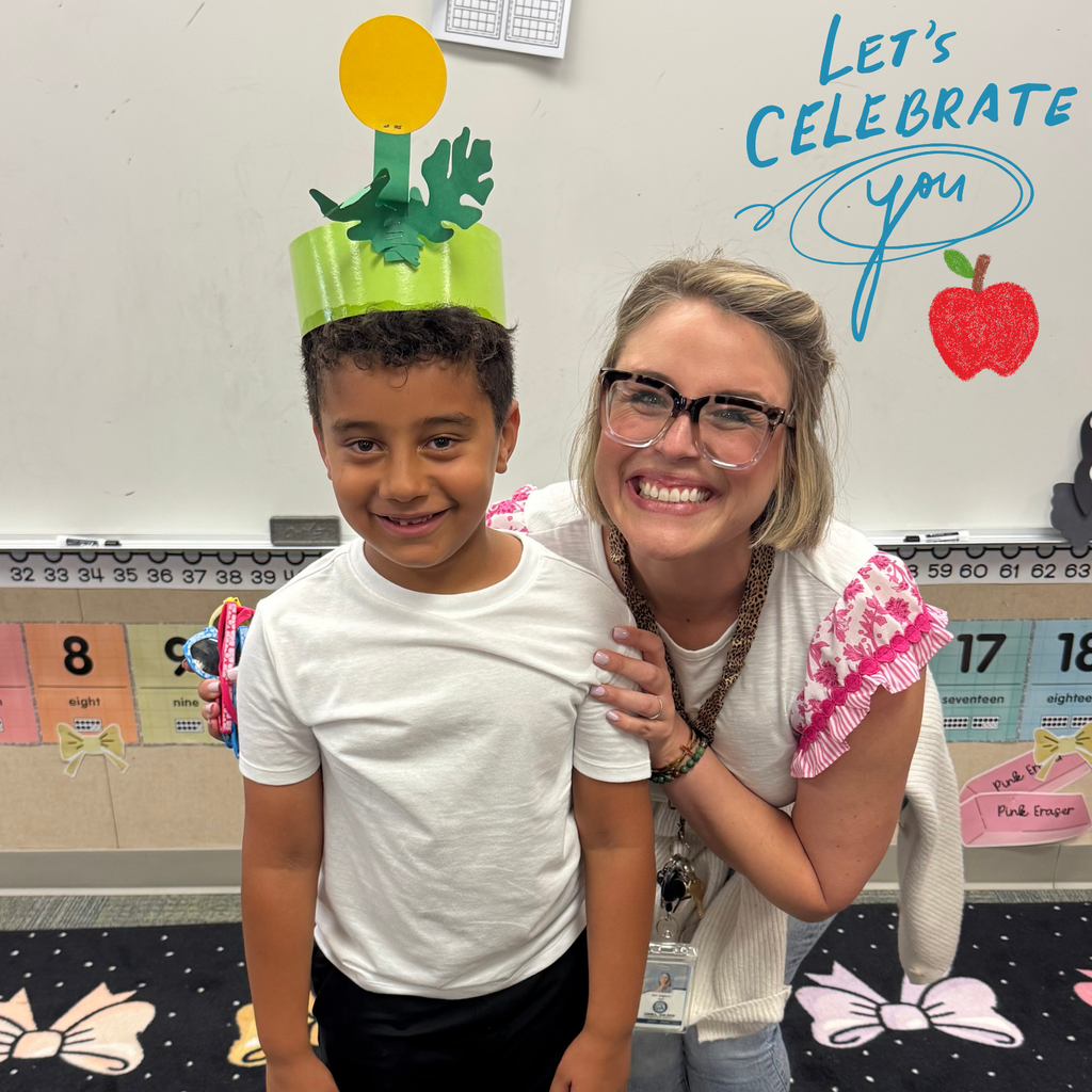 TEXT:  Let's celebrate you Image: smiling adult female with glasses and a young male student wearing a white shirt