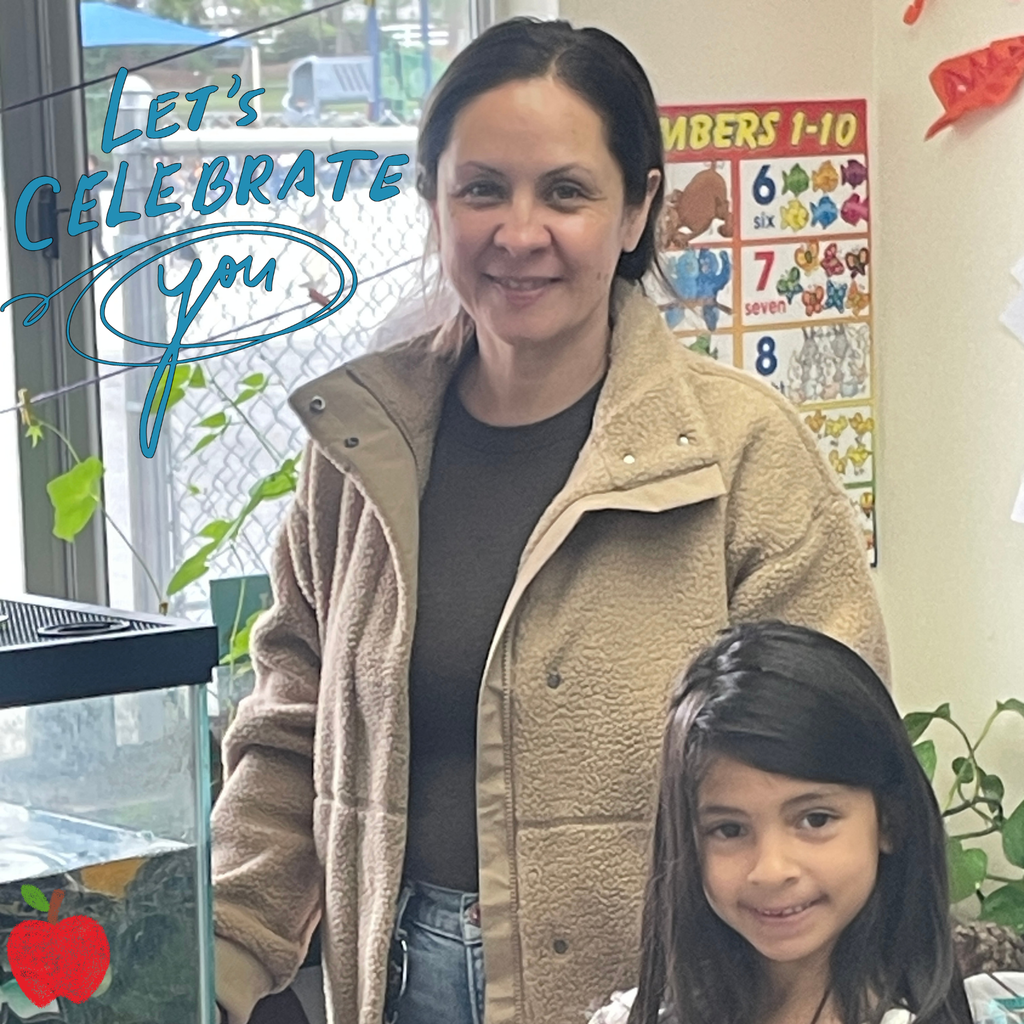 text: Let's celebrate you image: smiling adult female with female student