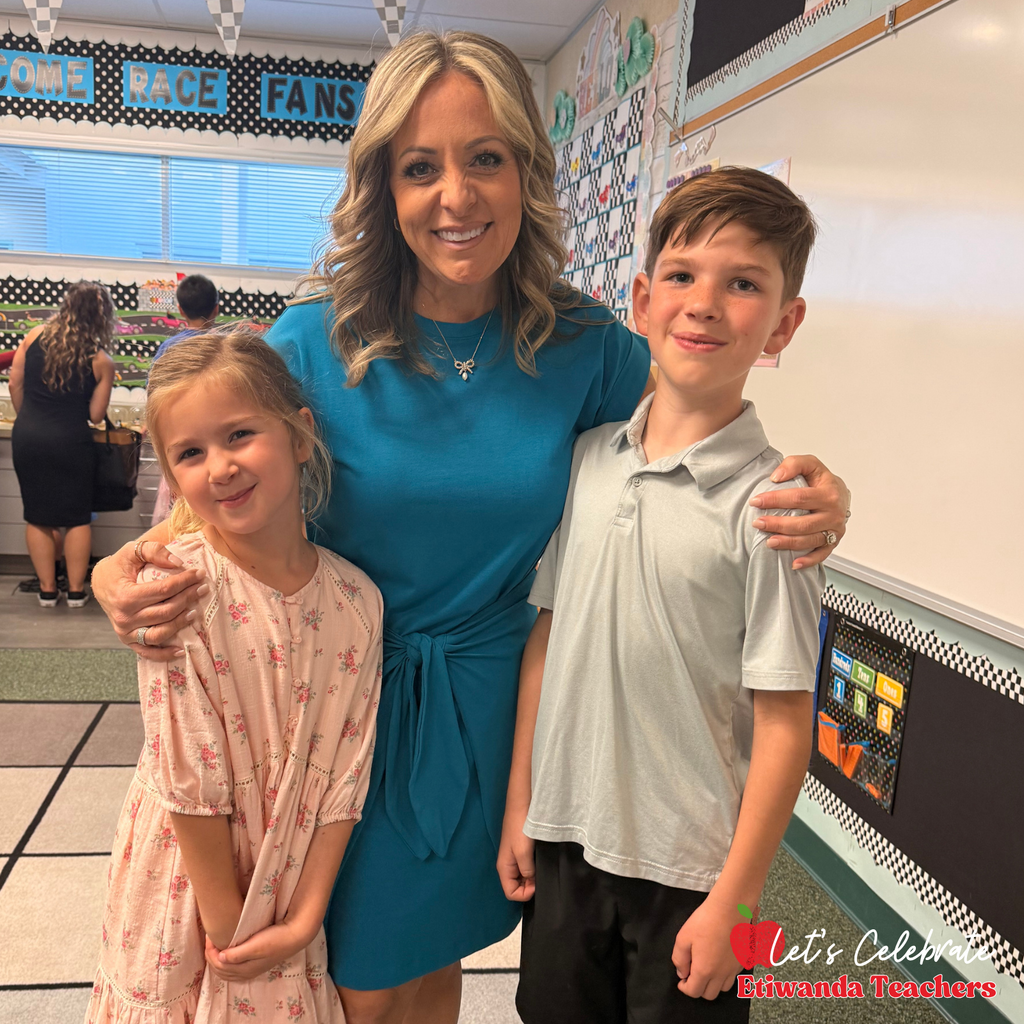 Text: Let's Celebrate Etiwanda Teachers Image: female in a blue dress smiling with two young students