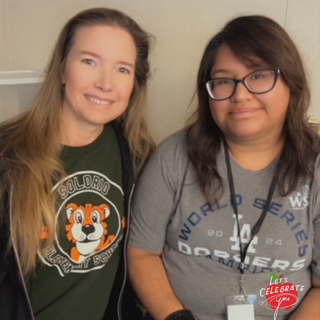 Text: Let's celebrate you Image: two smiling females. 