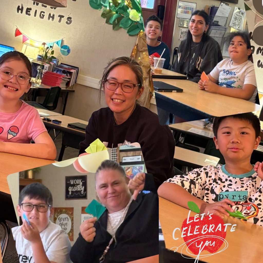 Text: Let's celebrate you Images: smiling adults sitting with students in class