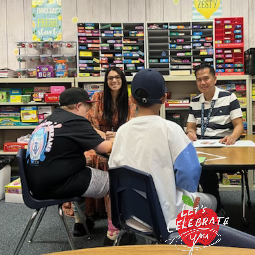Text: Let's Celebrate you Image: two adults working at a table with students