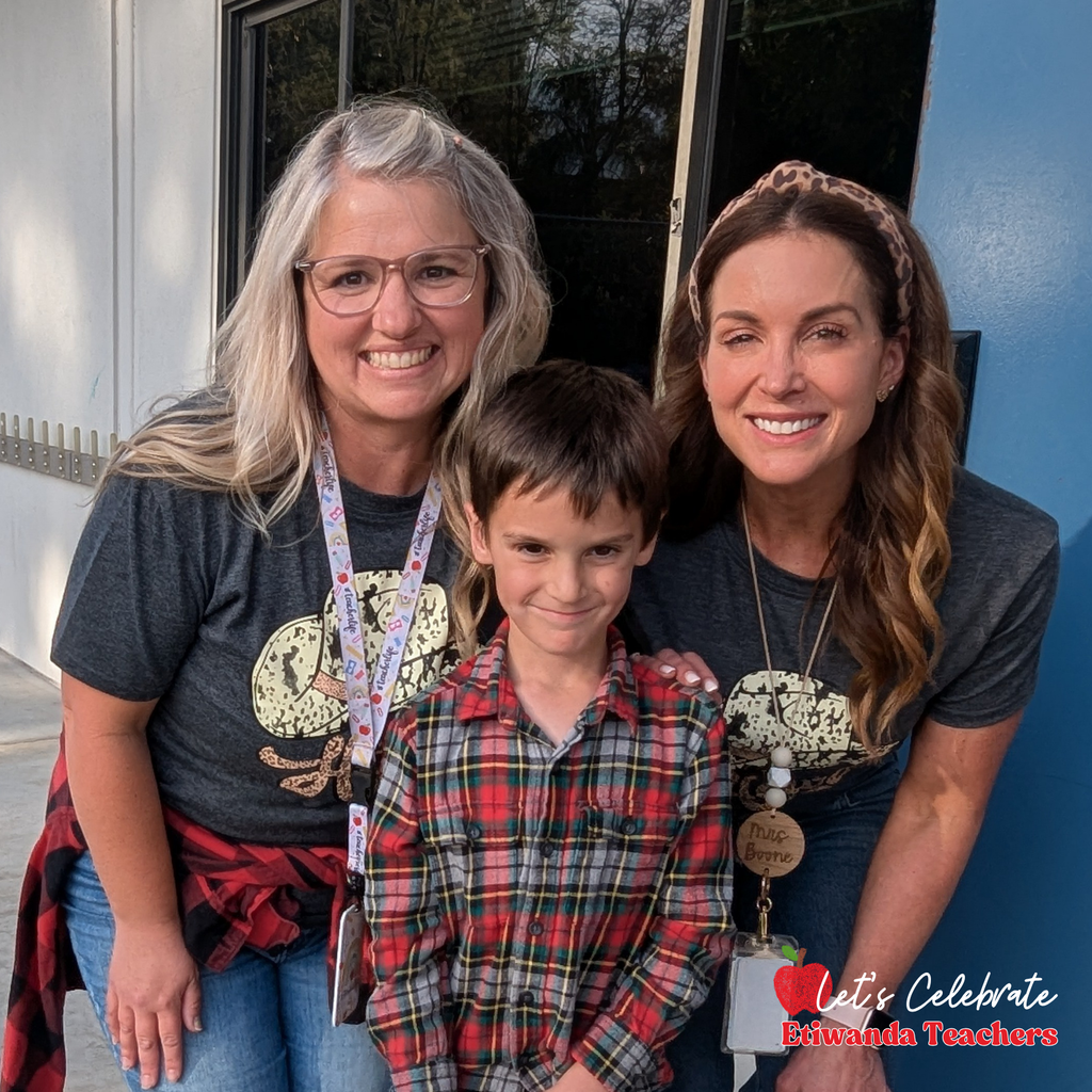 Text: Let's Celebrate Etiwanda Teachers Image: two smiling female teachers with a boy student