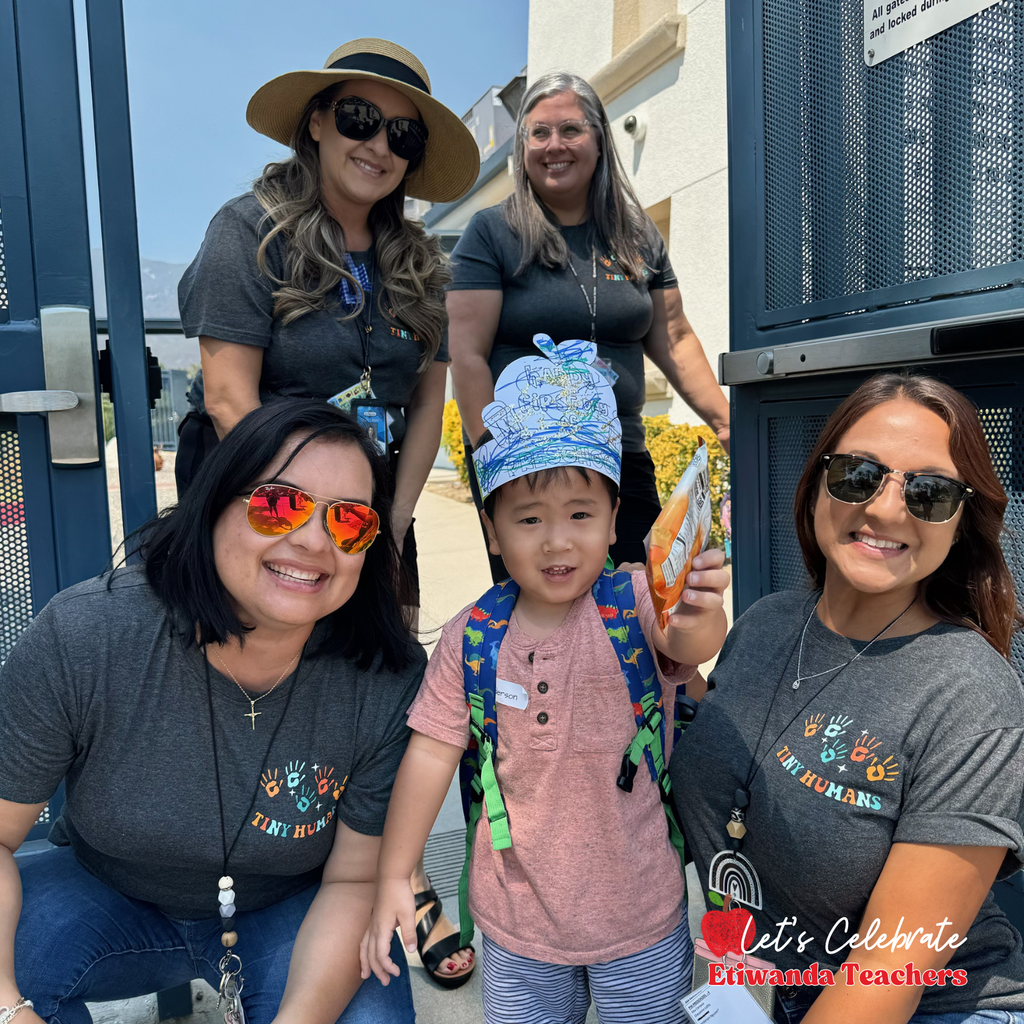 Text: Let's Celebrate Etiwanda Teachers Image: 4 female teachers wearing gray smiling with a small child