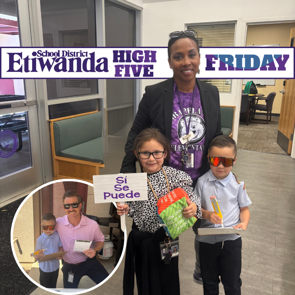 Text: Etiwanda High Five Friday Images: two adults smiling with students
