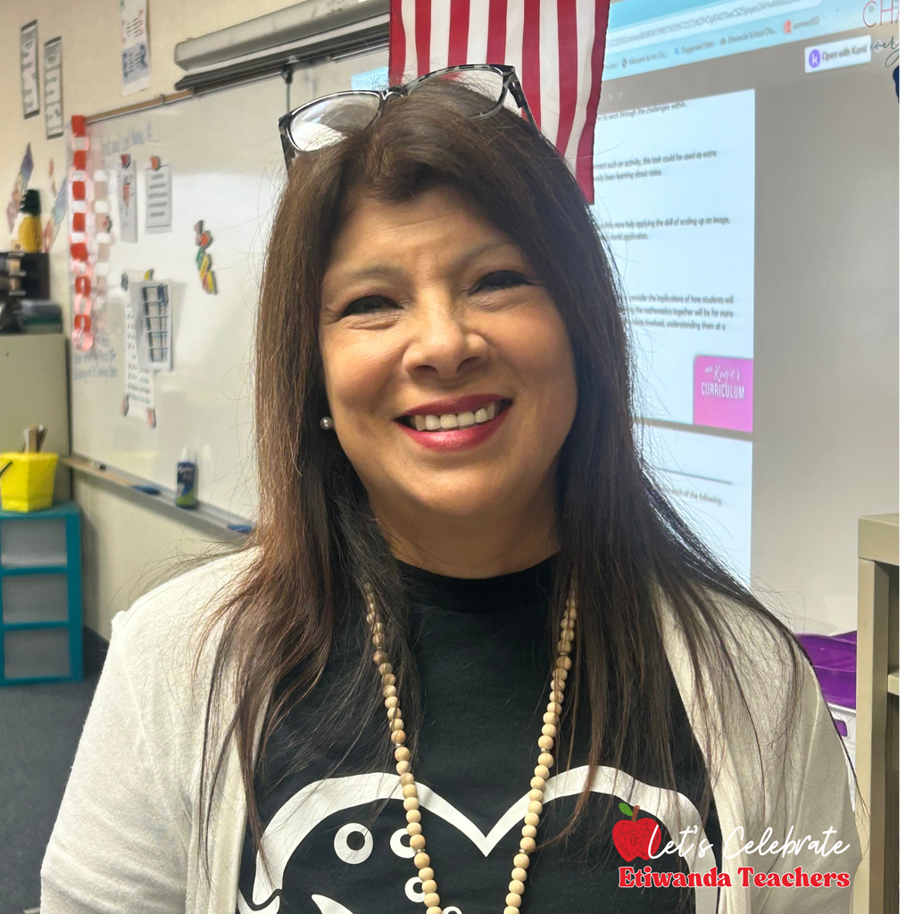 Text: Let's Celebrate Etiwanda Teachers Image: smiling woman in a black shirt