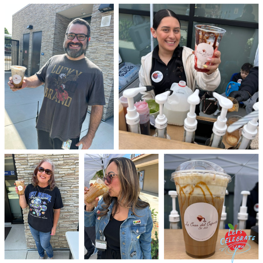 Text: Let's celebrate you Images: 4 adults drinking coffee