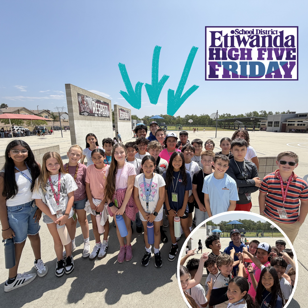Text: High Five Friday Image: a group of students on the playground smling