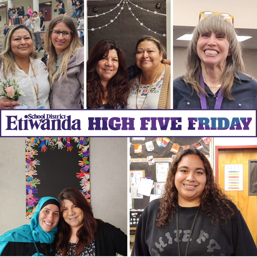 Text: Etiwanda School District, High Five Friday Image of smiling female teachers