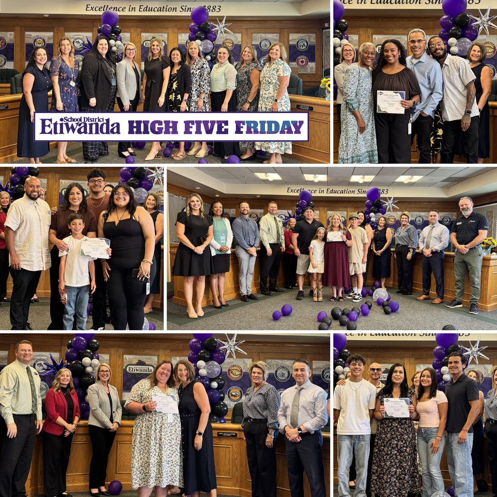 Text: Etiwanda School District, High Five Friday Images: many photos of smiling adults holding certificates in a board roomo