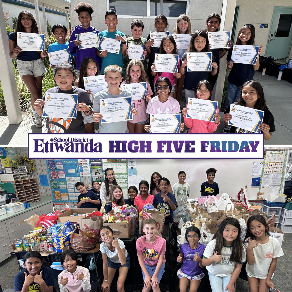 Text: Etiwanda school district, High Five Friday Two images of two groups of students smiling in a classroom