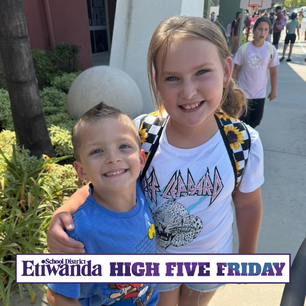 Text: Etiwanda School District, High Five Friday Image: two young students smiling together