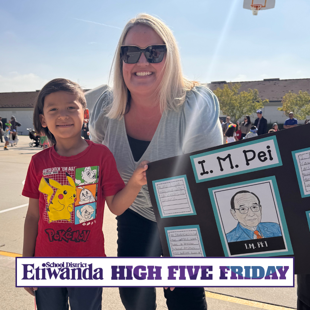 Text: Etiwanda School District, High Five Friday Image: a female adult in blue standing with a young student in red